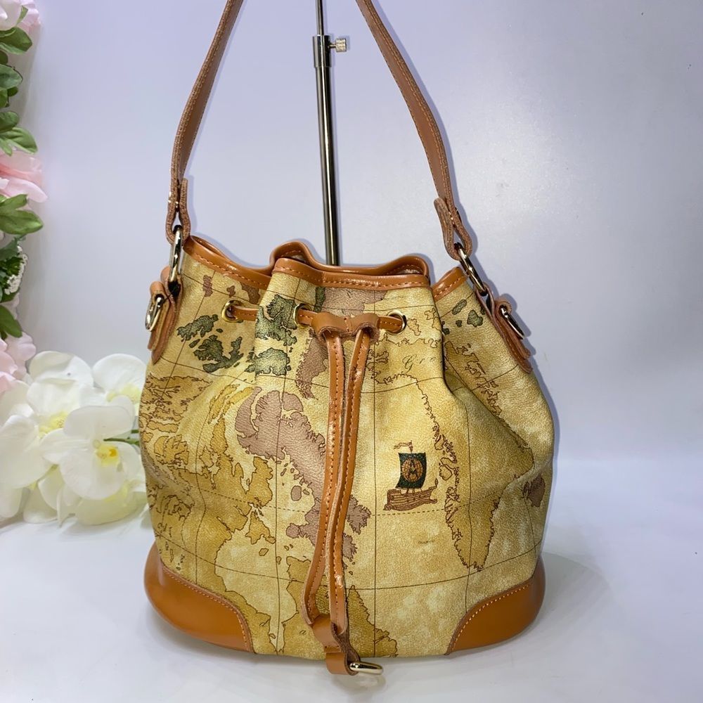 Vintage Vegan Leather Tan and Brown Map Shoulder Bag pleather